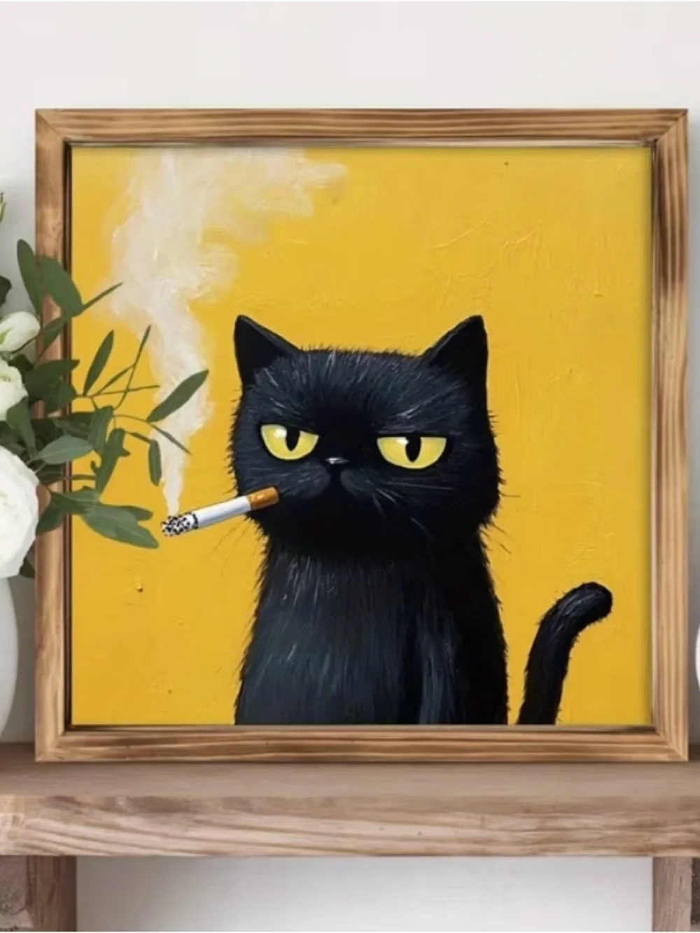 Framed Black Cat Smoking Art Wooden Wall Decor on Yellow Back 8x8” NEW - Picture 4 of 6